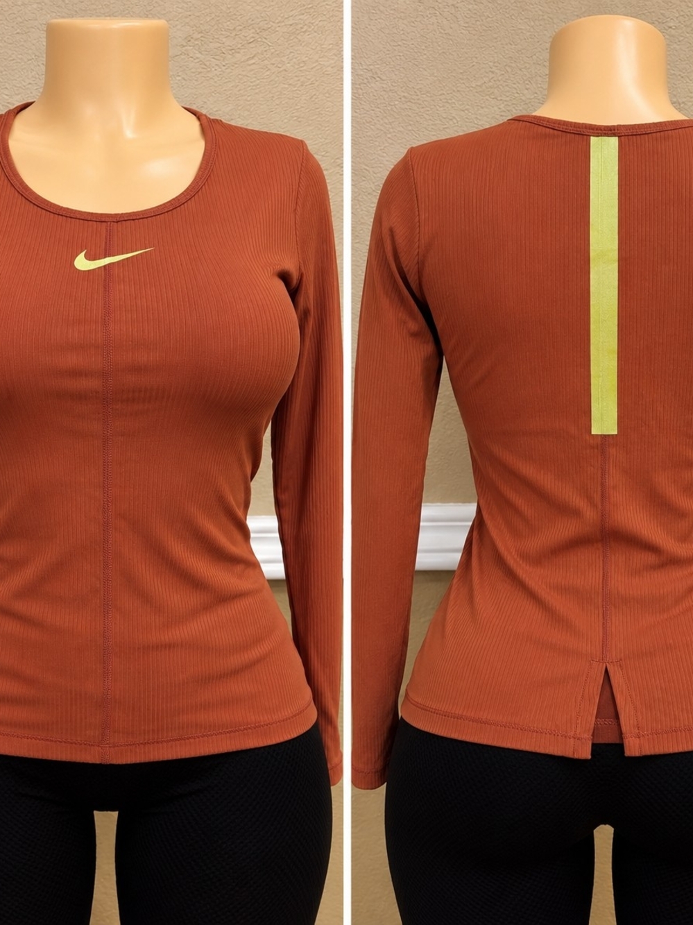 Nike Women's Rust Long-Sleeve Ribbed Top with Lime Accent